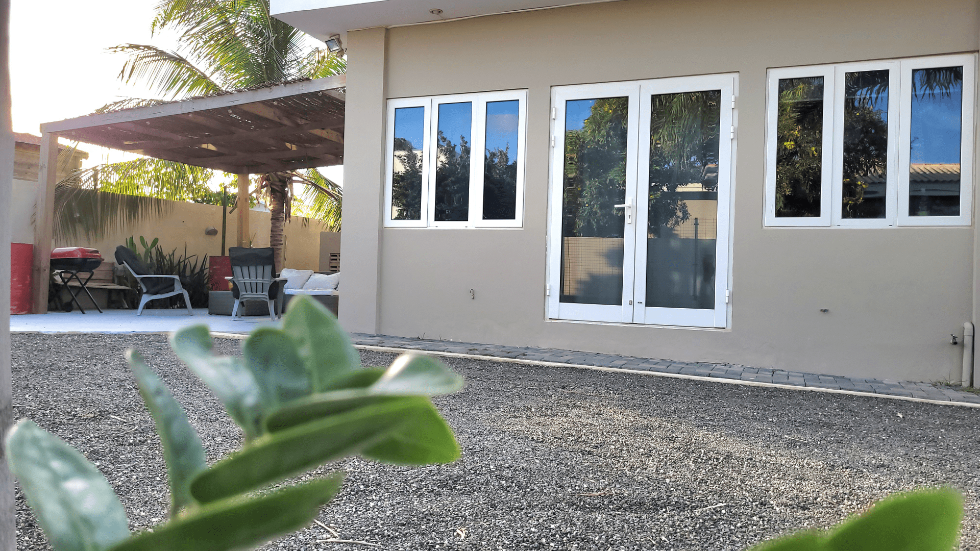 a house with a patio and a palm tree